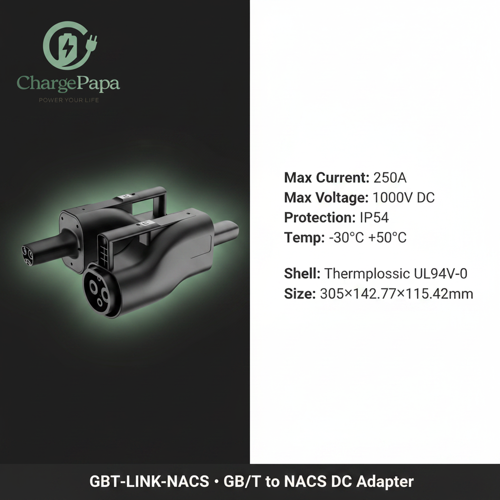 GB/T to Tesla (NACS) DC Fast Charging Adapter (250A / 1000V) Spec Infographic