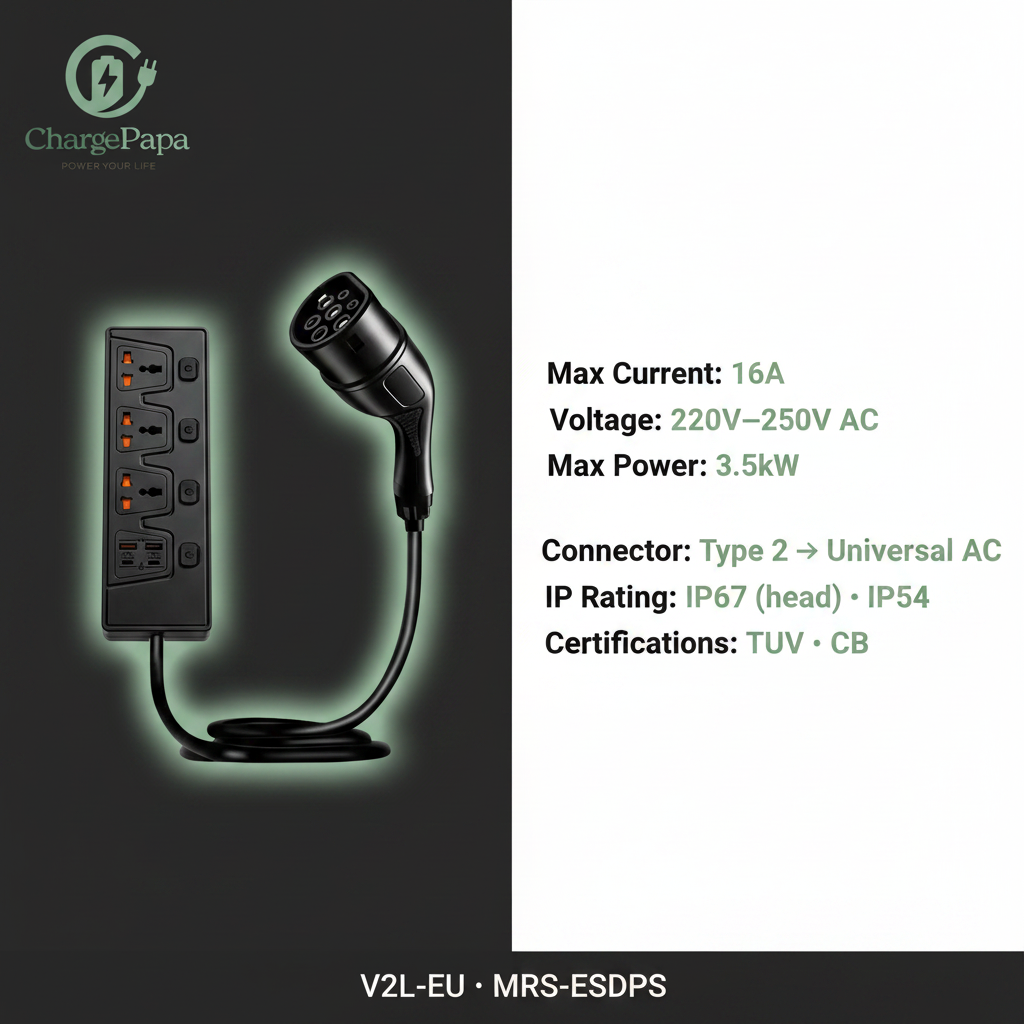 ChargePapa V2L-EU | 16A Vehicle-to-Load Discharge Adapter (Type 2 to EU Sockets)