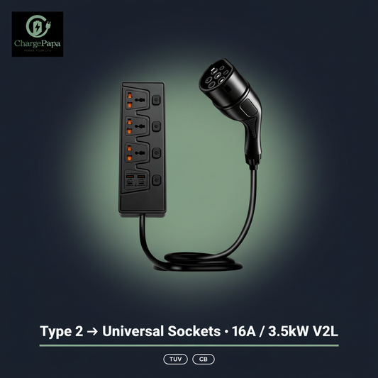 ChargePapa V2L-EU | 16A Vehicle-to-Load Discharge Adapter (Type 2 to EU Sockets)