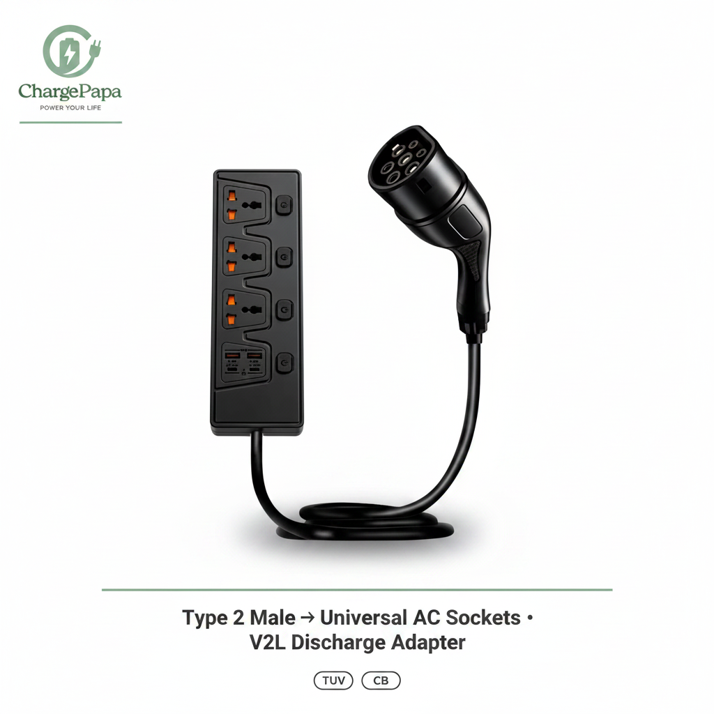ChargePapa V2L-EU | 16A Vehicle-to-Load Discharge Adapter (Type 2 to EU Sockets)